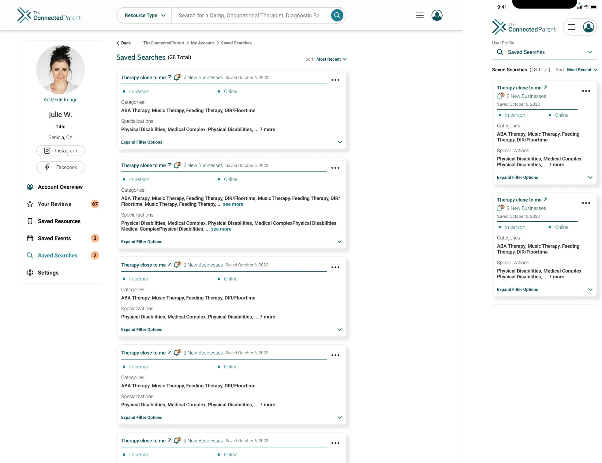 User Profile Searches Screen